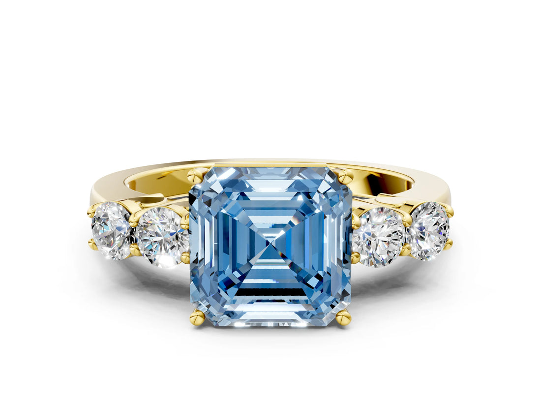 Yellow gold Fancy Blue Asscher  Cut Diamond Five-Stone Prong Set White Gold Ring_65
