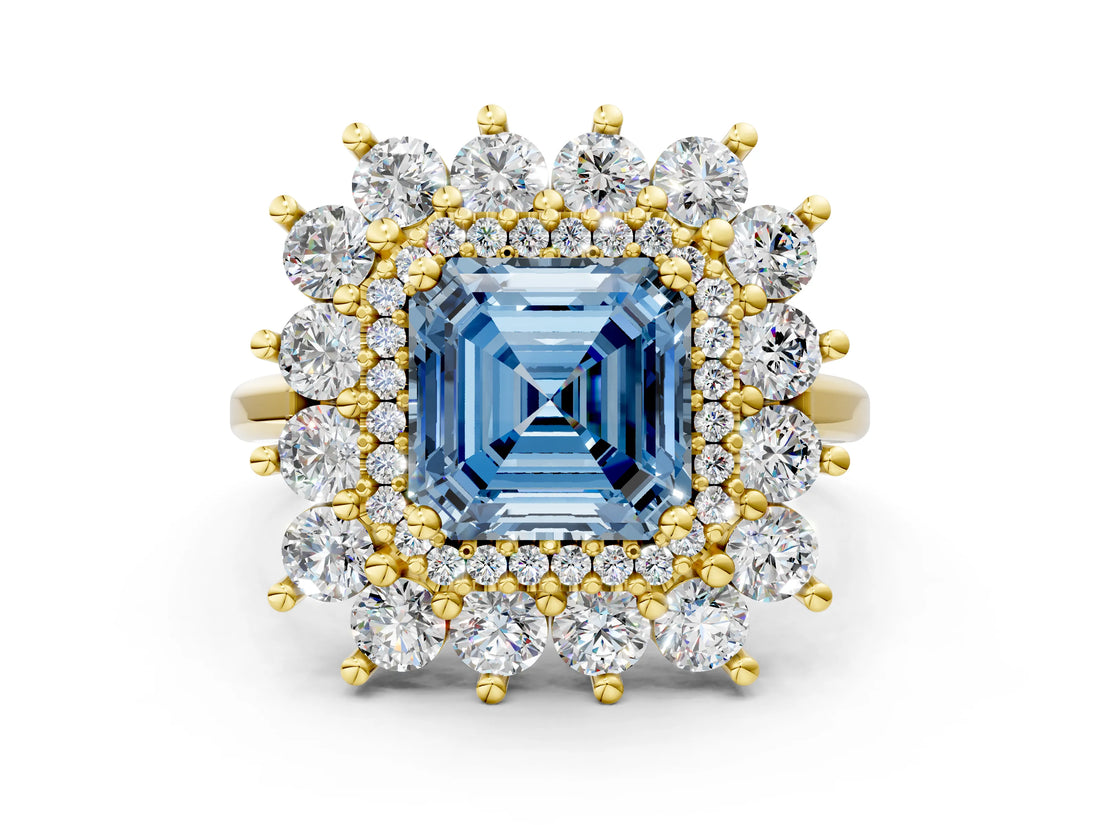 Yellow gold Fancy Blue Asscher Cut Diamond Floral Double Halo Engagement Ring with Prong Setting