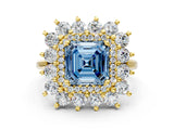 Yellow gold Fancy Blue Asscher Cut Diamond Floral Double Halo Engagement Ring with Prong Setting