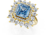 Yellow gold Fancy Blue Asscher Cut Diamond Floral Double Halo Engagement Ring with Prong Setting_1