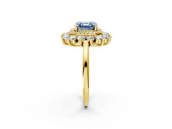 Yellow Gold Asscher Cut Floral Double Halo Engagement Ring Setting for Fancy Blue Center
