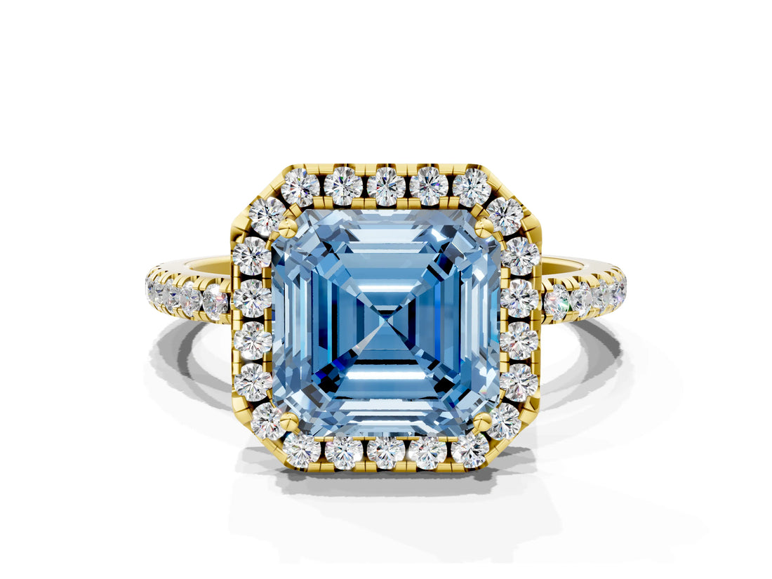 Yellow gold Fancy Blue Asscher  Cut Diamond Floral Halo Engagement Ring with Pavé Band and Prong Setting_33