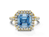 Yellow gold Fancy Blue Asscher  Cut Diamond Floral Halo Engagement Ring with Pavé Band and Prong Setting_33