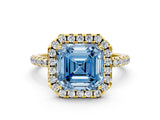 Yellow gold Fancy Blue Asscher  Cut Diamond Floral Halo Engagement Ring with Pavé Band and Prong Setting_45