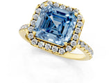 Yellow gold Fancy Blue Asscher  Cut Diamond Floral Halo Engagement Ring with Pavé Band and Prong Setting_46