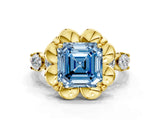 Yellow gold Fancy Blue Asscher  Cut Diamond Floral Halo Engagement Ring with Shared Prong Setting 1