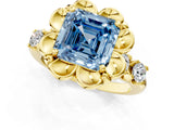 Yellow gold Fancy Blue Asscher  Cut Diamond Floral Halo Engagement Ring with Shared Prong Setting 2