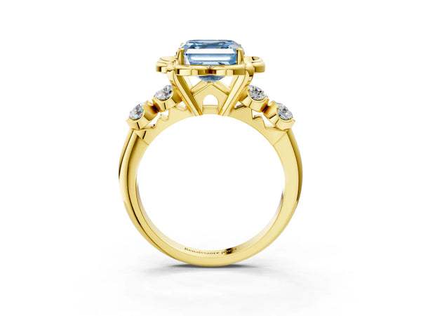 Yellow Gold Asscher Cut Floral Engagement Ring Setting for Fancy Blue Center with Side Accents