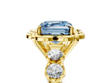 Yellow gold Fancy Blue Asscher  Cut Diamond Floral Halo Engagement Ring with Shared Prong Setting