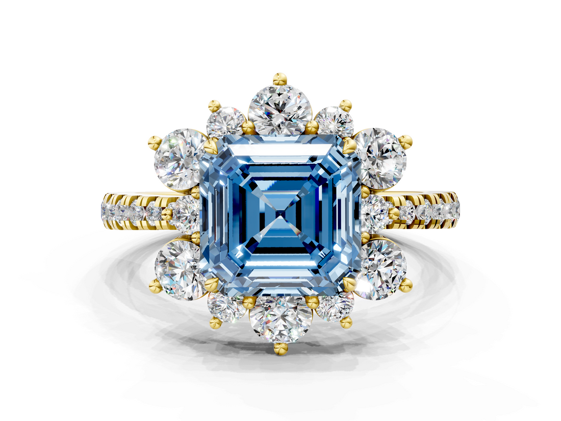 Yellow gold Fancy Blue Asscher  Cut Diamond Floral Halo Pave Band with Prong Setting