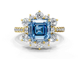 Yellow gold Fancy Blue Asscher  Cut Diamond Floral Halo Pave Band with Prong Setting