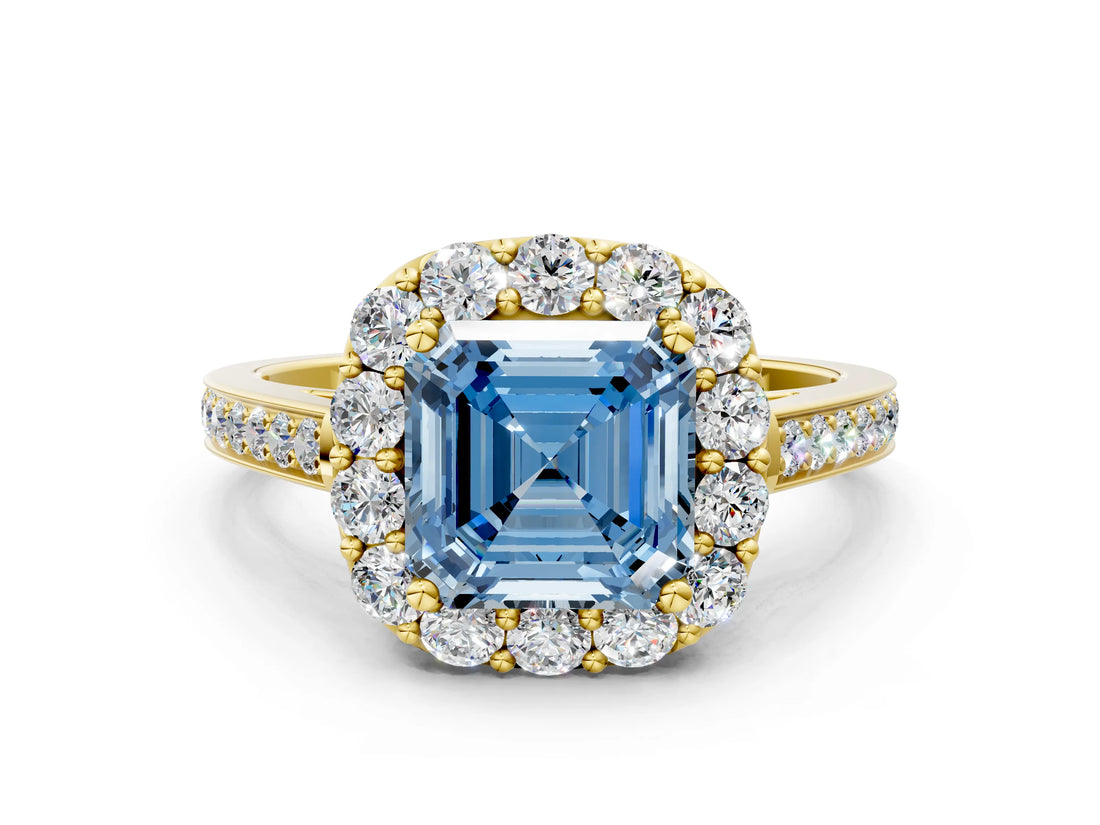 Yellow gold Fancy Blue Asscher Cut Diamond Floral Halo Ring with Pavé Band and Prong Setting_3