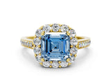 Yellow gold Fancy Blue Asscher Cut Diamond Floral Halo Ring with Pavé Band and Prong Setting_3