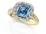 Yellow gold Fancy Blue Asscher Cut Diamond Floral Halo Ring with Pavé Band and Prong Setting_4