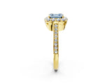 Yellow gold Fancy Blue Asscher Cut Diamond Floral Halo Ring with Pavé Band and Prong Setting_5
