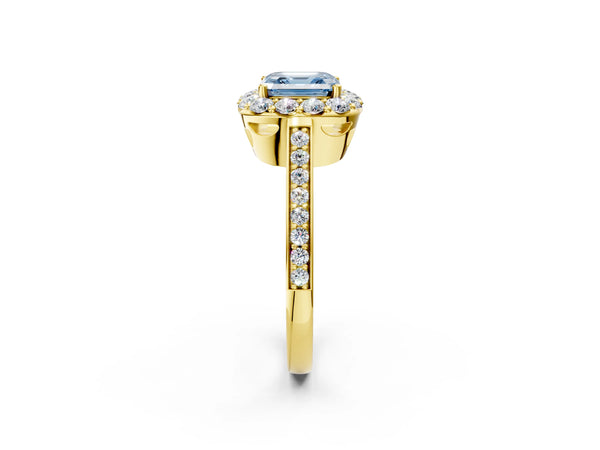 Yellow gold Fancy Blue Asscher Cut Diamond Floral Halo Ring with Pavé Band and Prong Setting
