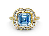 Yellow gold Fancy Blue Asscher Cut Diamond Floral Halo Split Shank Prong Setting Ring
