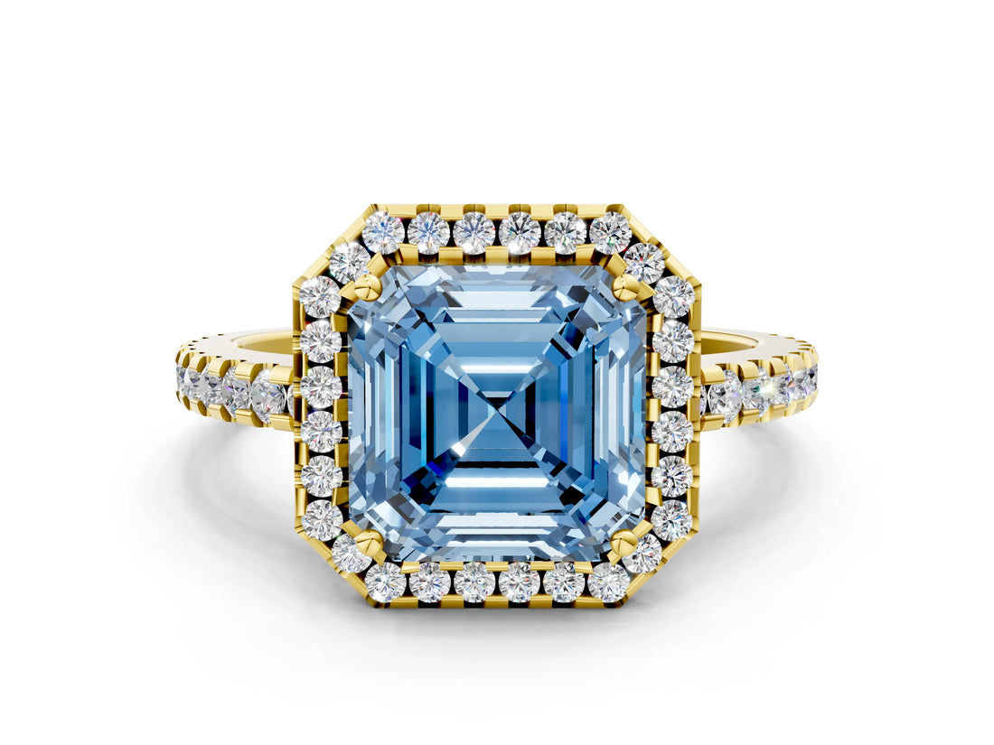 Yellow gold Fancy Blue Asscher Cut Diamond Halo Engagement Ring with Pavé Band and Prong Setting_27