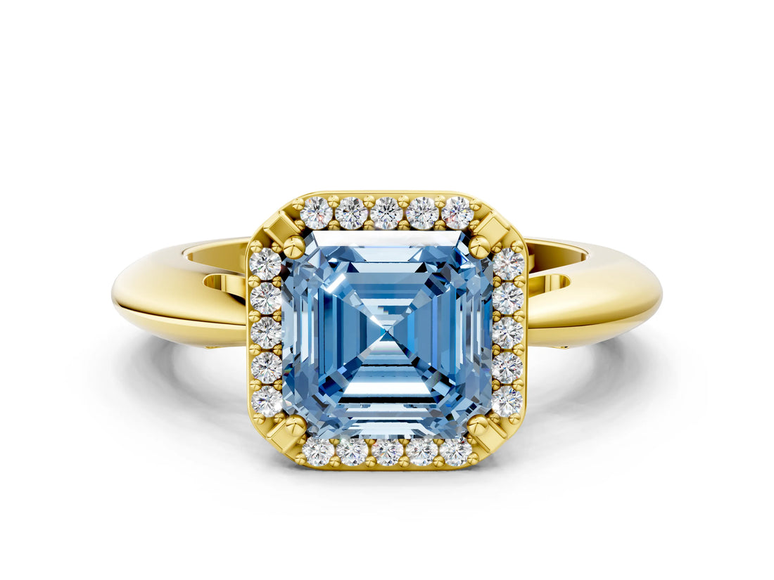 Yellow gold Fancy Blue Asscher  Cut Diamond Halo Engagement Ring with Split Shank and Four-Prong Setting_46