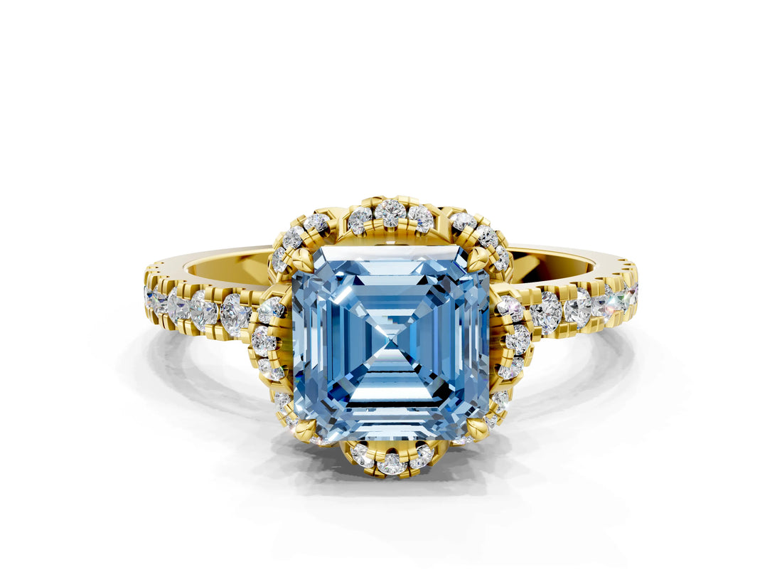 Yellow gold Fancy Blue Asscher Cut Diamond Halo Pave Band with Four-Prong Setting_15