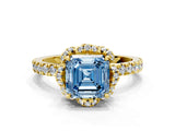 Yellow gold Fancy Blue Asscher Cut Diamond Halo Pave Band with Four-Prong Setting_15