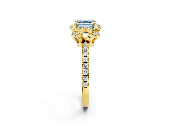 Yellow Gold Asscher Cut Four Petal Floral Halo Engagement Ring Setting for Fancy Blue Center