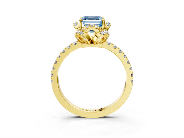 Yellow Gold Asscher Cut Four Petal Floral Halo Engagement Ring Setting for Fancy Blue Center
