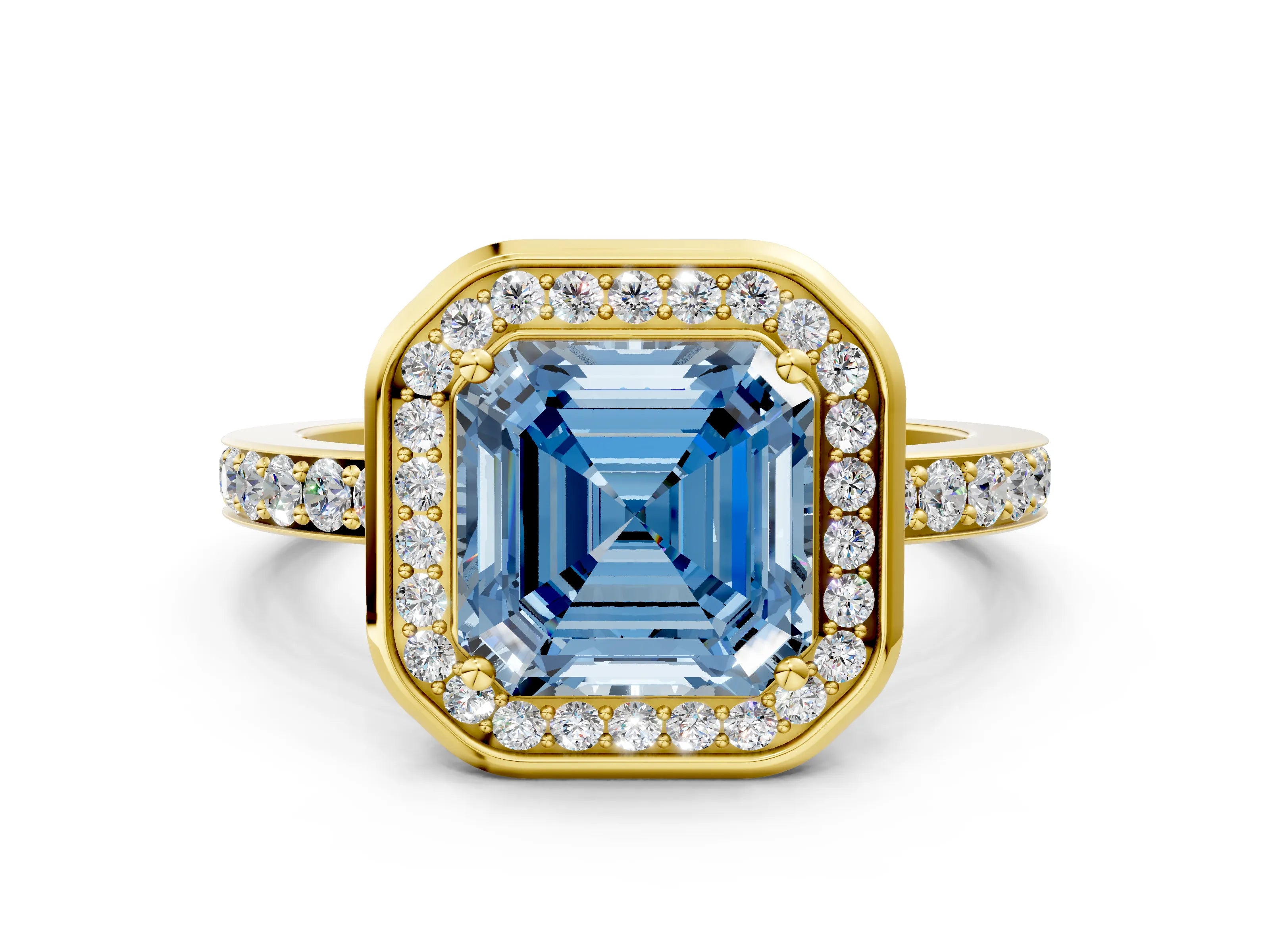 Yellow gold Fancy Blue Asscher Cut Diamond Halo Ring with Bezel Frame and Pavé Band