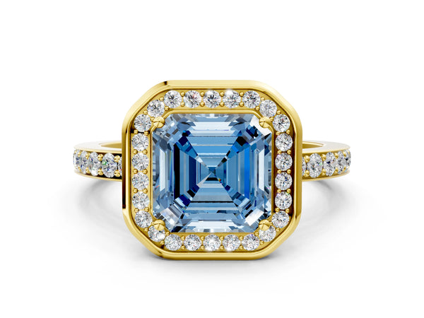 Yellow Gold Asscher Cut Pave Bezel-Rim Halo Engagement Ring Setting for Fancy Blue Center