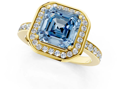 Yellow gold Fancy Blue Asscher Cut Diamond Halo Ring with Bezel Frame and Pavé Band_1