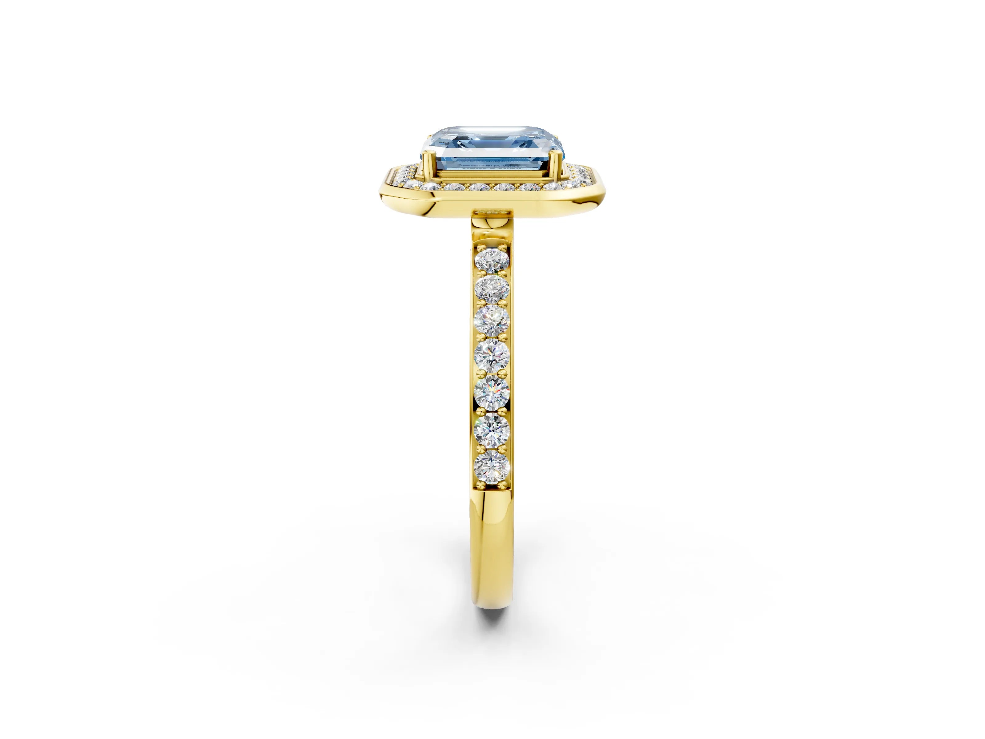 Yellow gold Fancy Blue Asscher Cut Diamond Halo Ring with Bezel Frame and Pavé Band_2