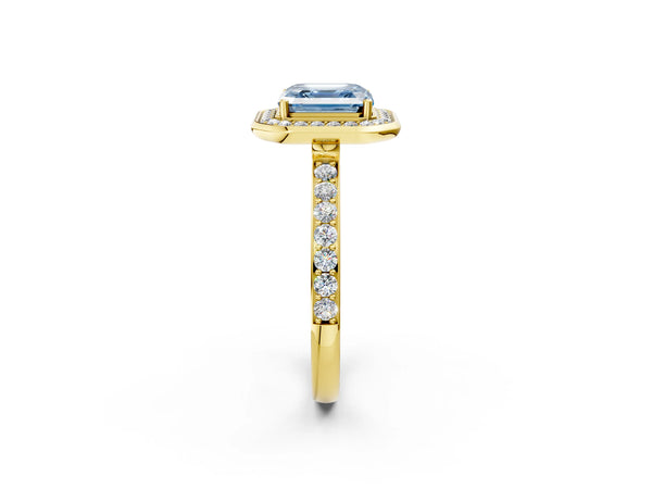Yellow Gold Asscher Cut Pave Bezel-Rim Halo Engagement Ring Setting for Fancy Blue Center