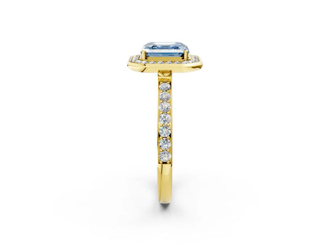 Yellow gold Fancy Blue Asscher Cut Diamond Halo Ring with Bezel Frame and Pavé Band_2