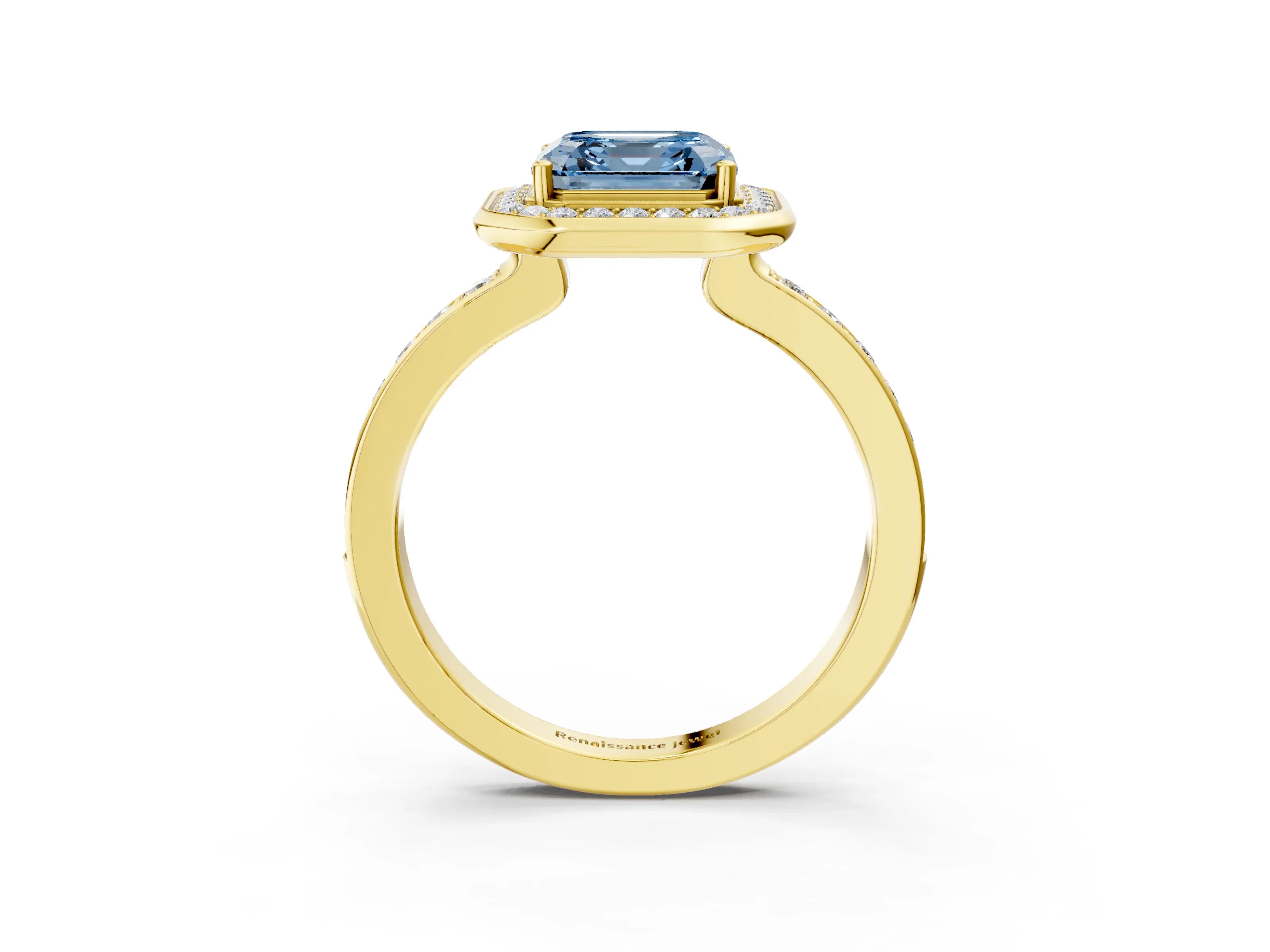 Yellow gold Fancy Blue Asscher Cut Diamond Halo Ring with Bezel Frame and Pavé Band_3