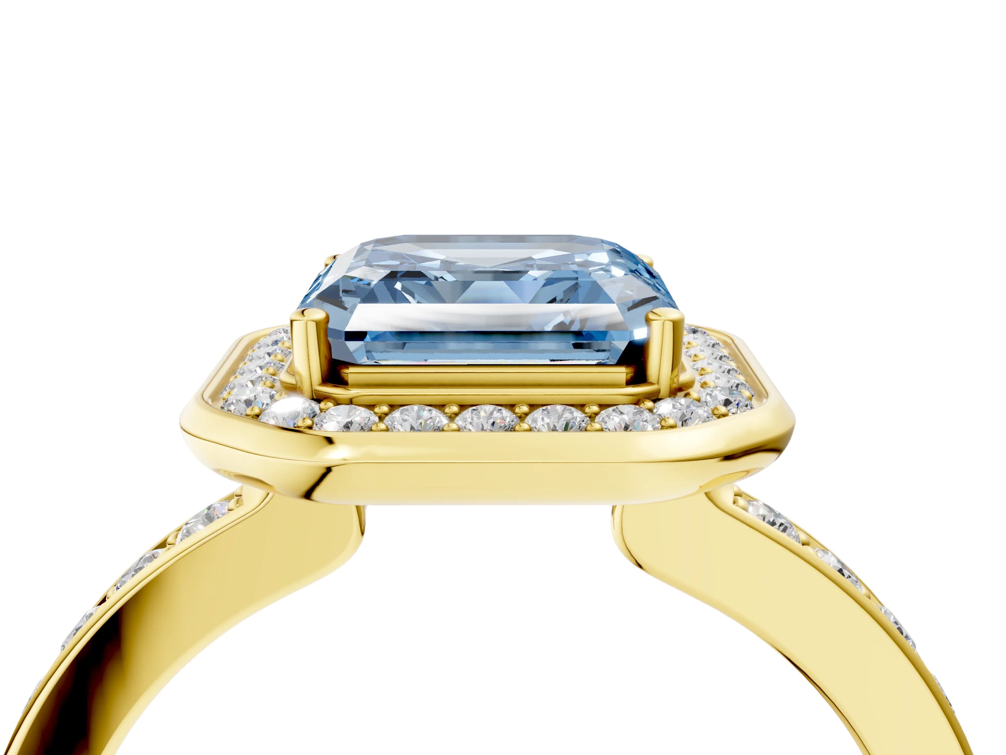 Yellow gold Fancy Blue Asscher Cut Diamond Halo Ring with Bezel Frame and Pavé Band_4