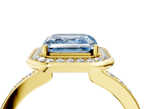 Yellow gold Fancy Blue Asscher Cut Diamond Halo Ring with Bezel Frame and Pavé Band_4