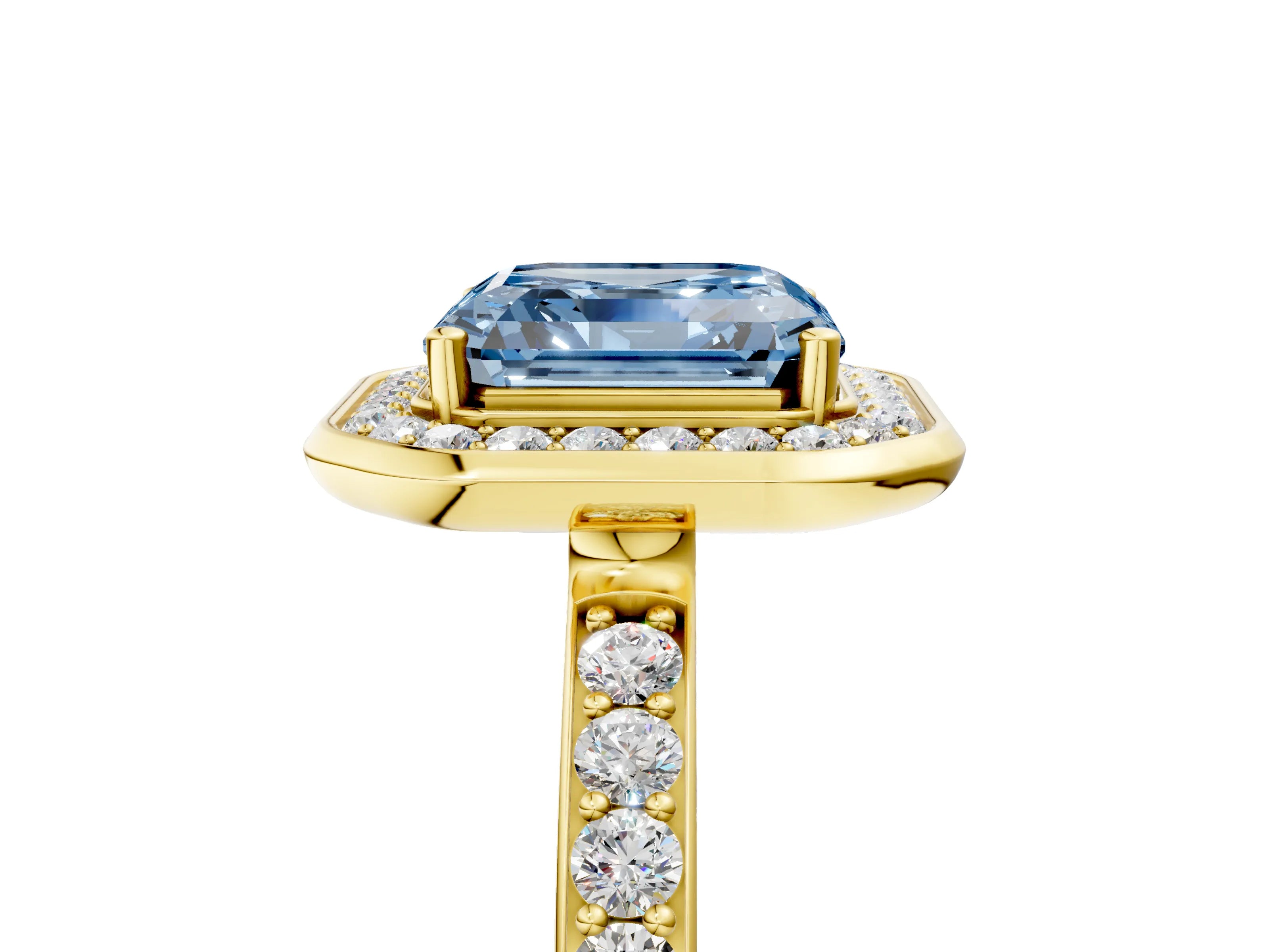 Yellow gold Fancy Blue Asscher Cut Diamond Halo Ring with Bezel Frame and Pavé Band_5