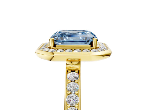 Yellow gold Fancy Blue Asscher Cut Diamond Halo Ring with Bezel Frame and Pavé Band_5