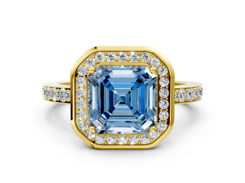 Yellow gold Fancy Blue Asscher Cut Diamond Halo Ring with Bezel Frame and Pavé Band