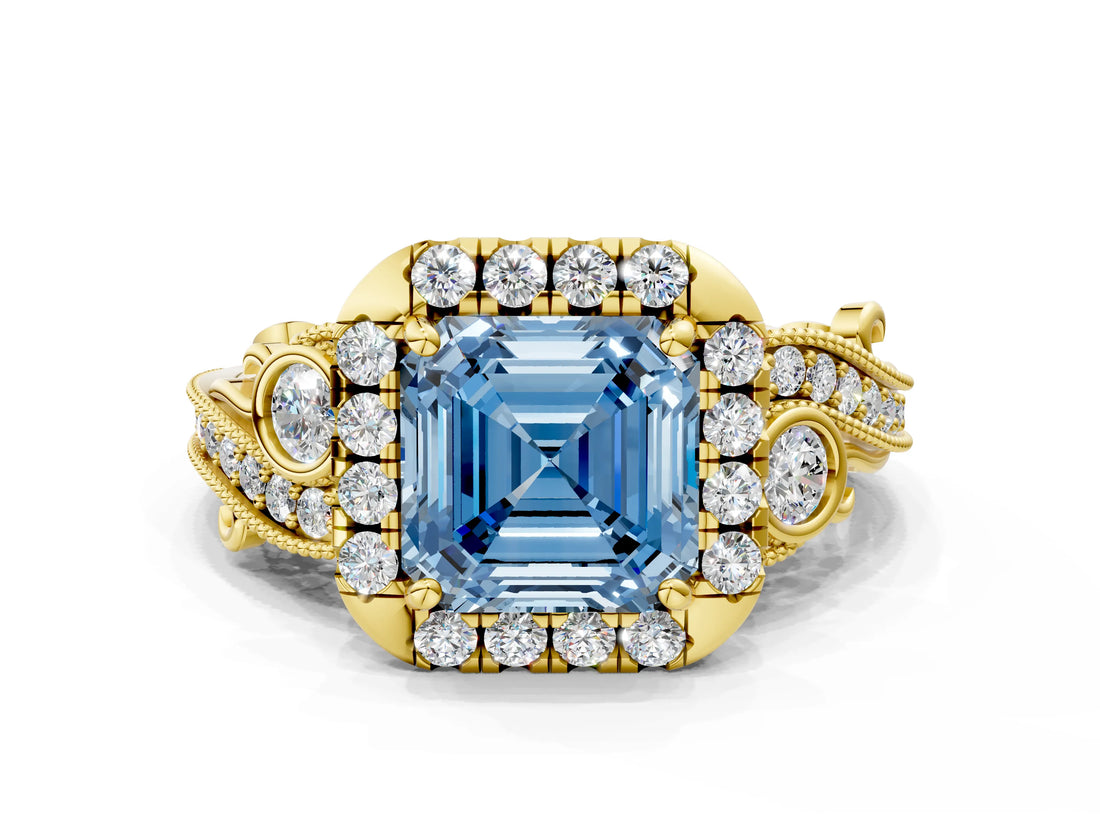 Yellow gold Fancy Blue Asscher Cut Diamond Halo Ring with Milgrain Pavé Band and Four-Prong Setting_121