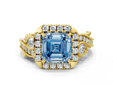 Yellow gold Fancy Blue Asscher Cut Diamond Halo Ring with Milgrain Pavé Band and Four-Prong Setting_121