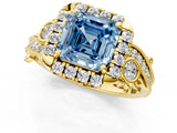 Yellow gold Fancy Blue Asscher Cut Diamond Halo Ring with Milgrain Pavé Band and Four-Prong Setting_122