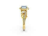 Yellow gold Fancy Blue Asscher Cut Diamond Halo Ring with Milgrain Pavé Band and Four-Prong Setting_123
