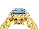 Yellow gold Fancy Blue Asscher Cut Diamond Halo Ring with Milgrain Pavé Band and Four-Prong Setting_125