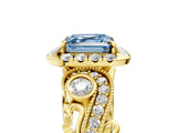 Yellow gold Fancy Blue Asscher Cut Diamond Halo Ring with Milgrain Pavé Band and Four-Prong Setting_126