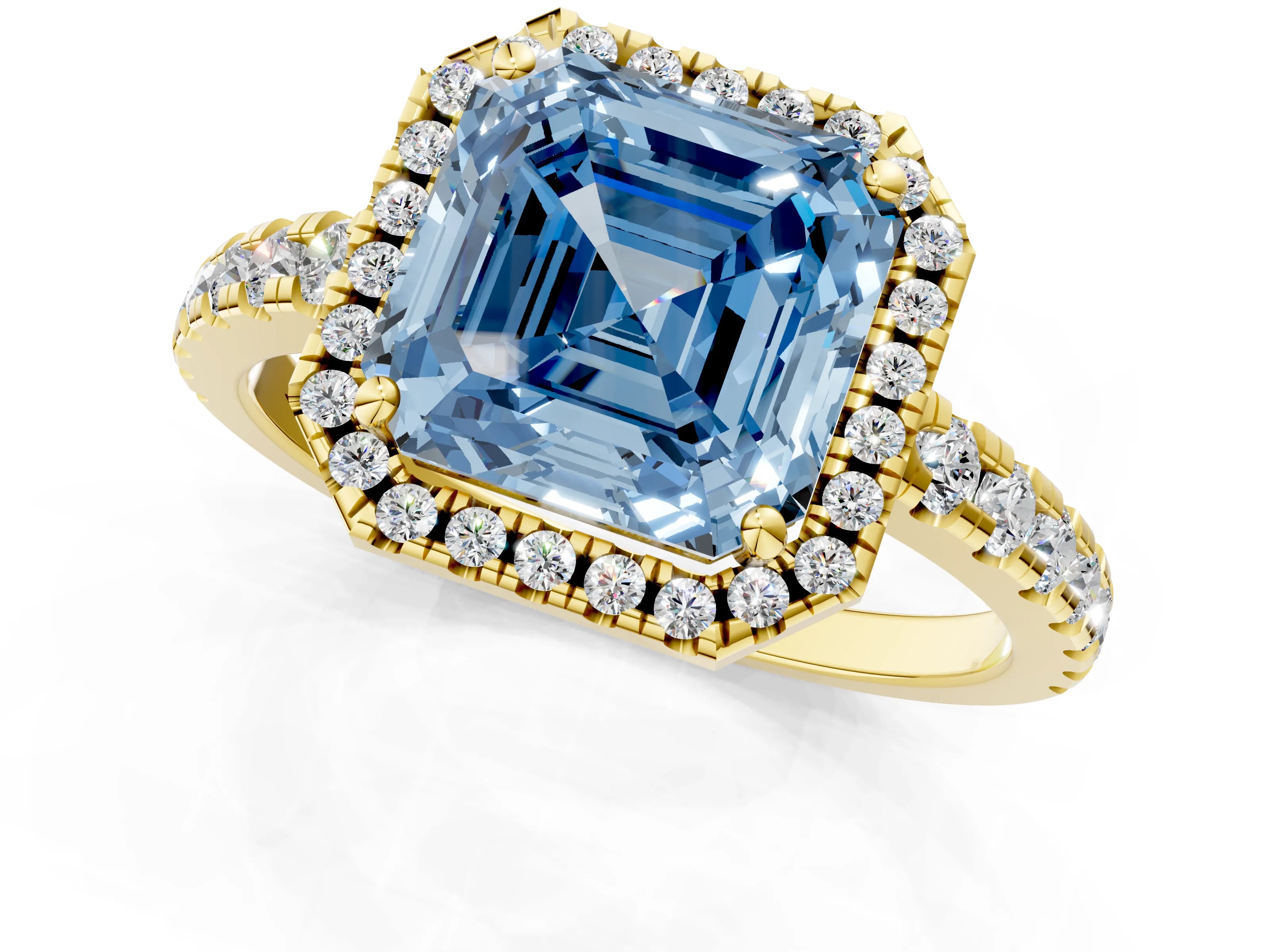 Yellow gold Fancy Blue Asscher Cut Diamond Halo Ring with Pavé Band and Four-Prong Setting_1