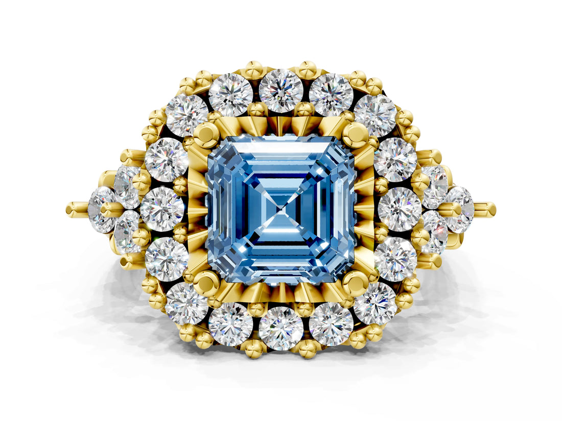 Yellow gold Fancy Blue Asscher Cut Diamond Halo Ring with Pavé Band and Four-Prong Setting_18