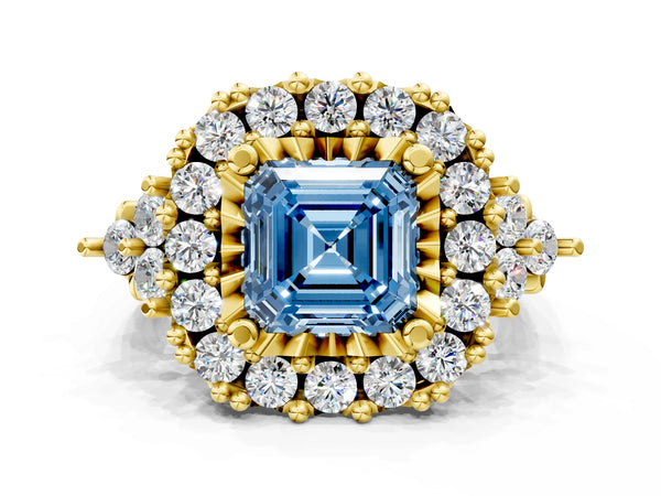 Yellow Gold Asscher Cut Halo Crossover Pave Engagement Ring Setting for Fancy Blue Center