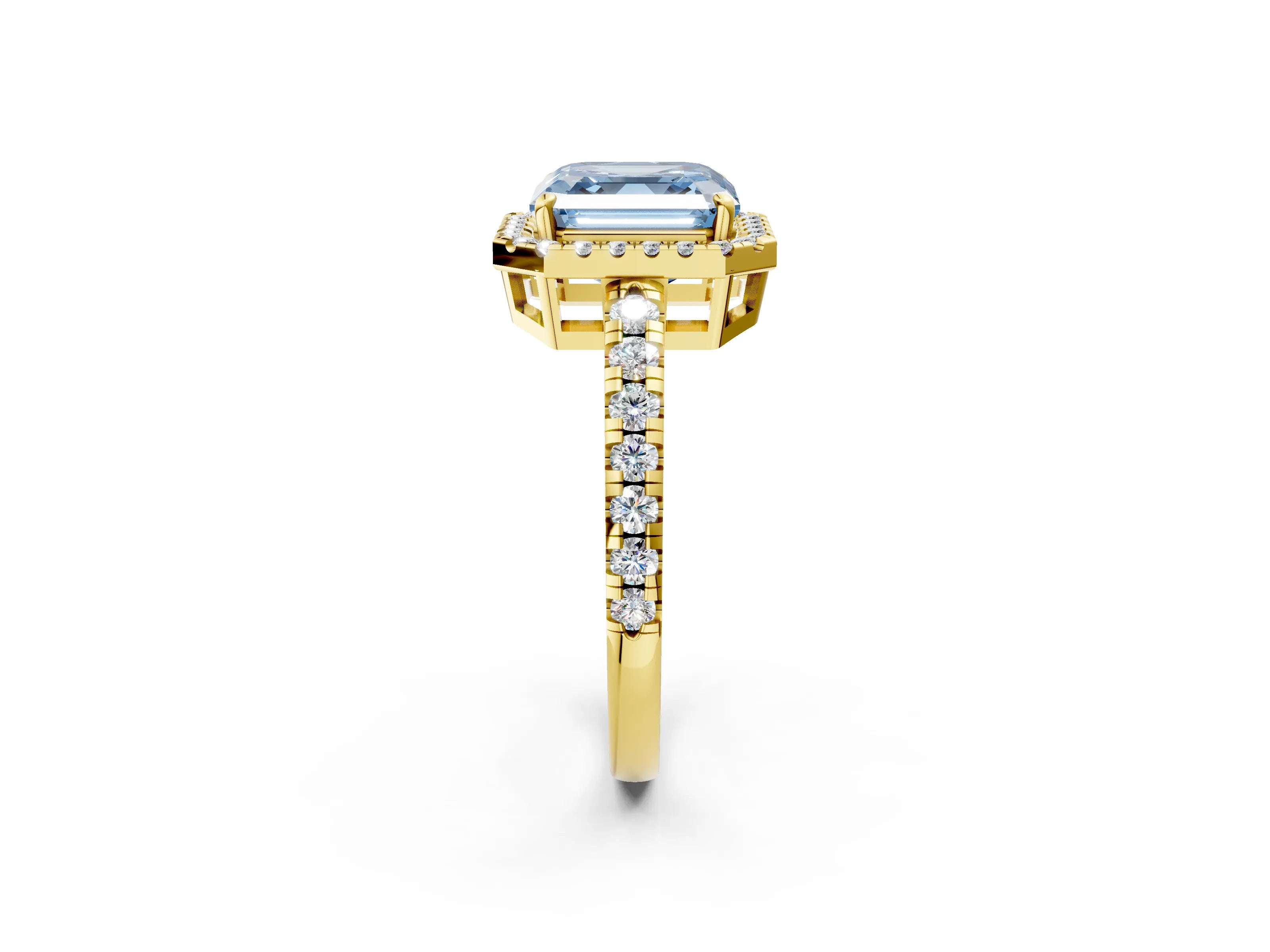 Yellow gold Fancy Blue Asscher Cut Diamond Halo Ring with Pavé Band and Four-Prong Setting_2