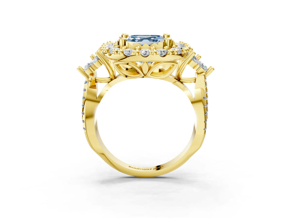 Yellow Gold Asscher Cut Halo Crossover Pave Engagement Ring Setting for Fancy Blue Center